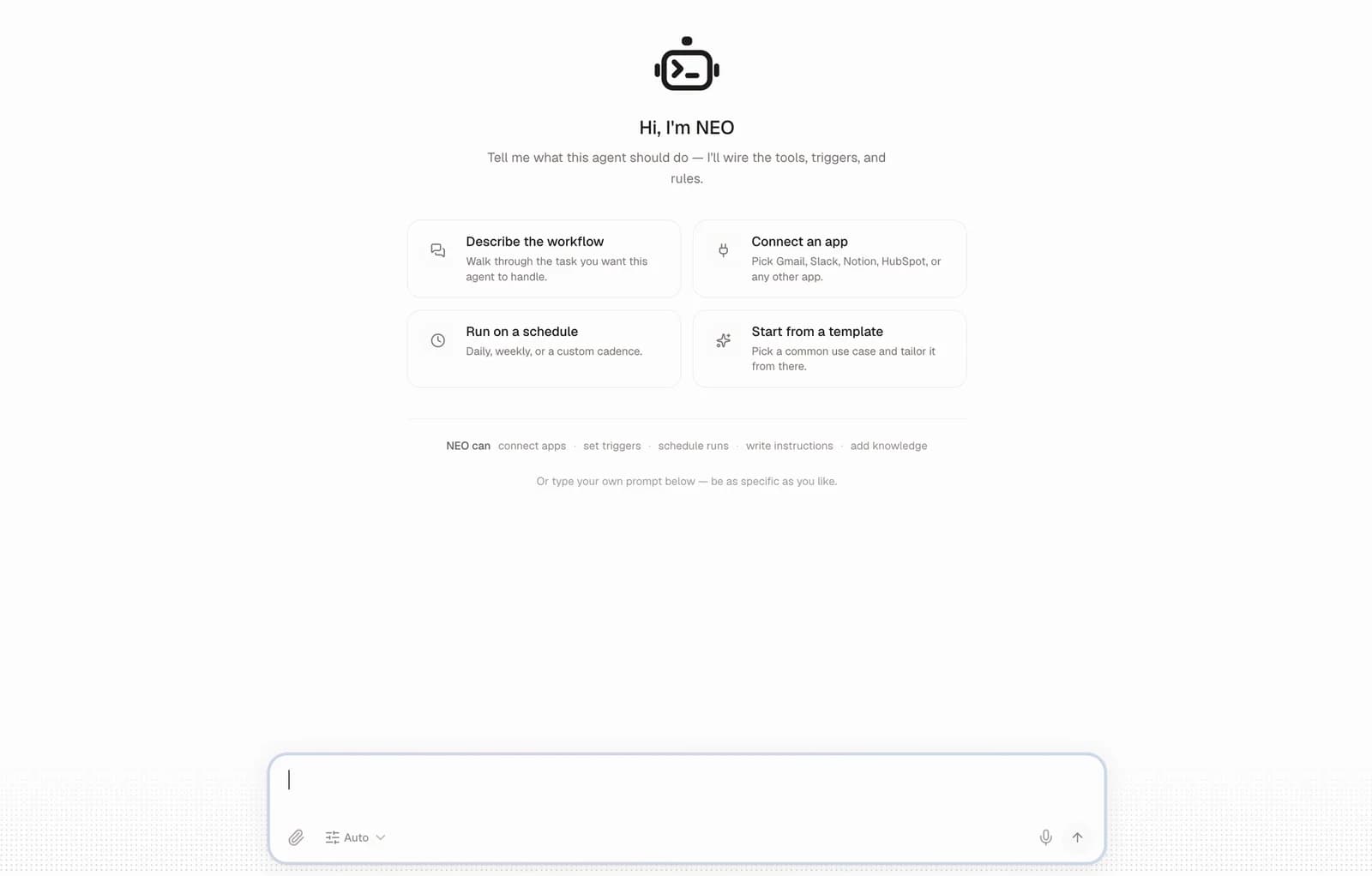 DeskFerry Agent Builder start screen: 'Hi, I'm NEO' with options to describe the workflow, connect an app, run on a schedule, or start from a template, above an 'Ask to automate anything' prompt box