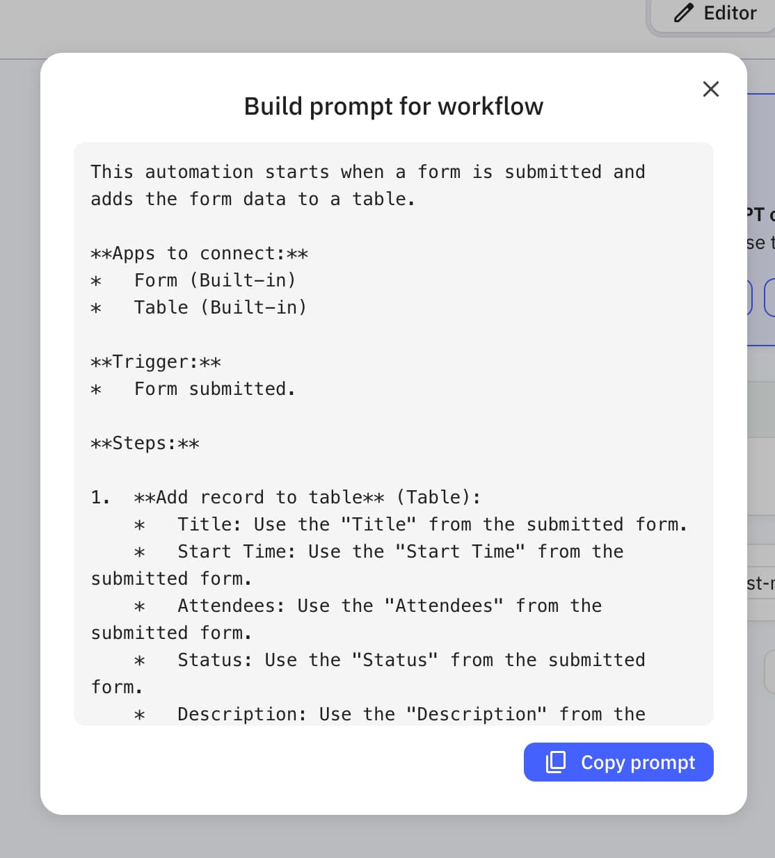 Relay.app 'Build prompt for workflow' dialog listing apps to connect, the trigger, and numbered steps, with a Copy prompt button