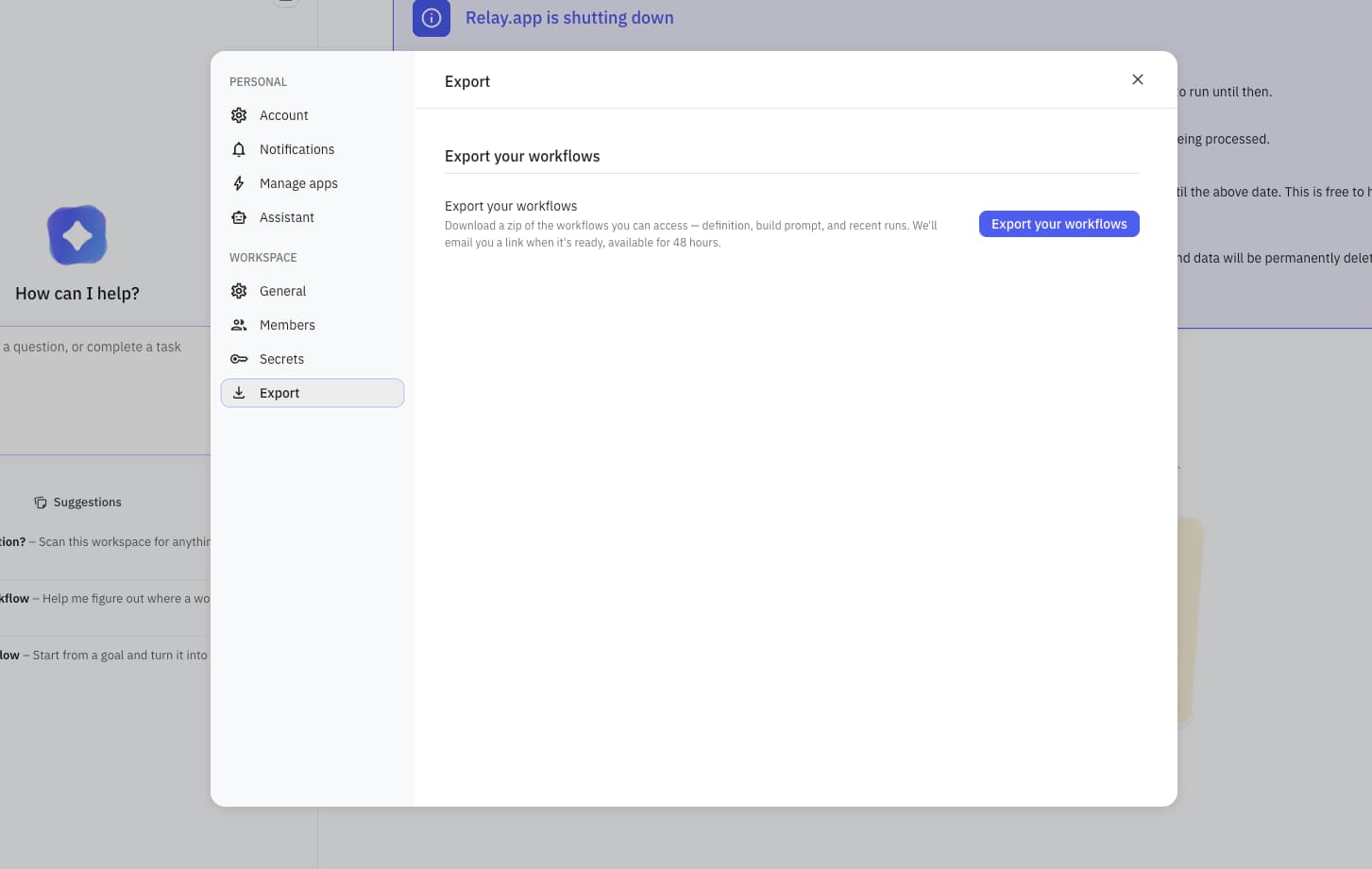 Relay.app settings showing the Export tab with the 'Export your workflows' button, under the 'Relay.app is shutting down' banner