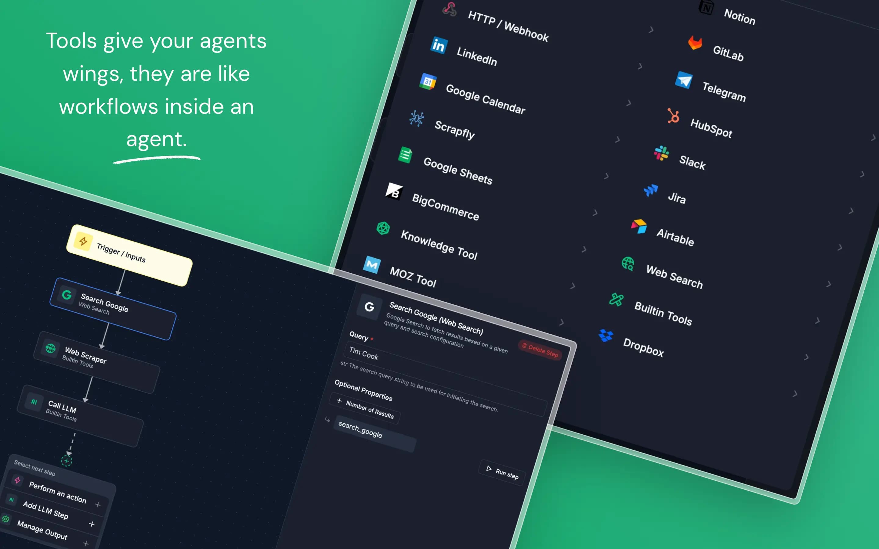 DeskFerry tools panel — frontier models, web search, and persistent memory wired into the same agent