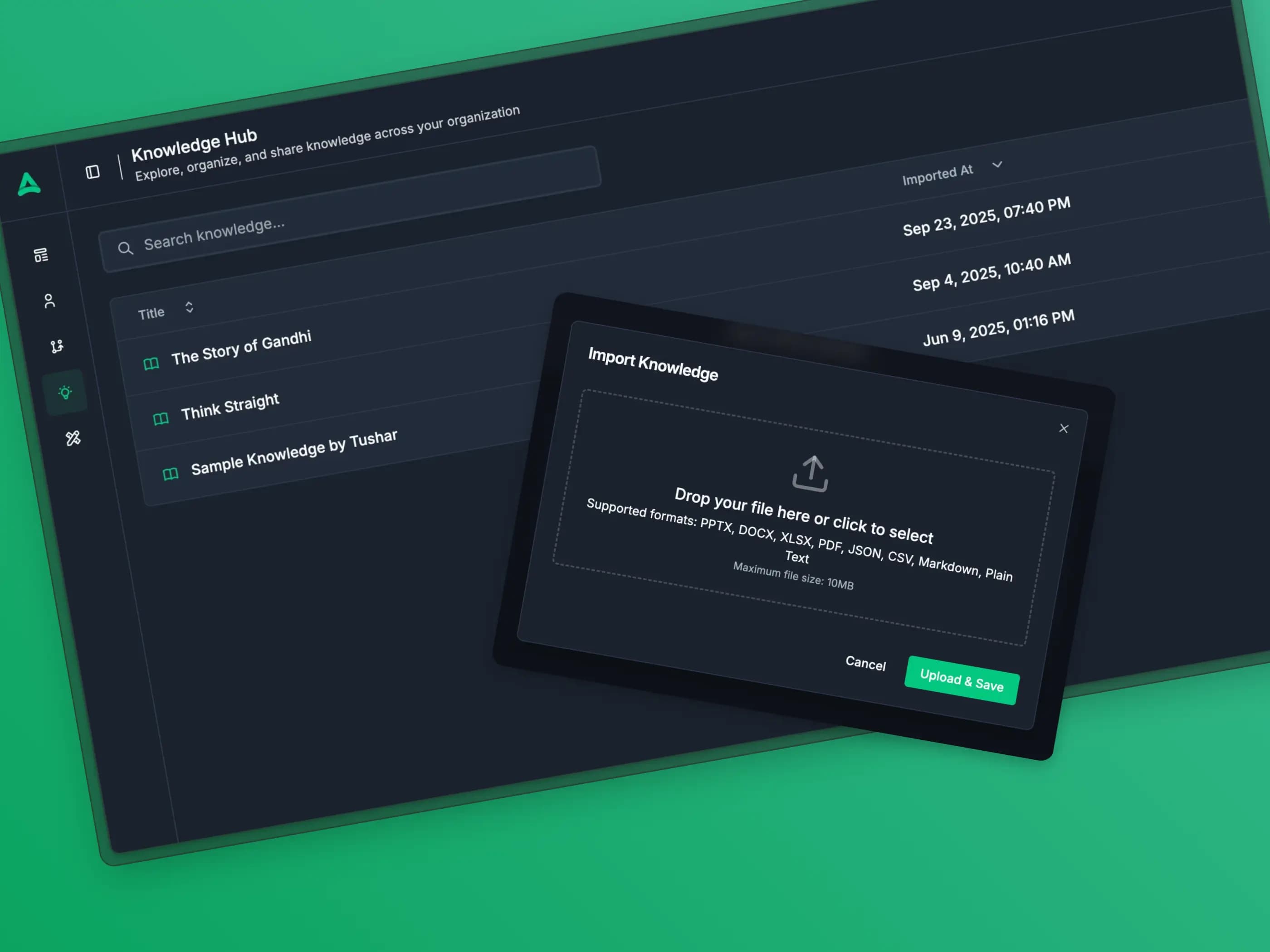 DeskFerry knowledge store — every note, web clip, and PDF indexed and queryable in plain English