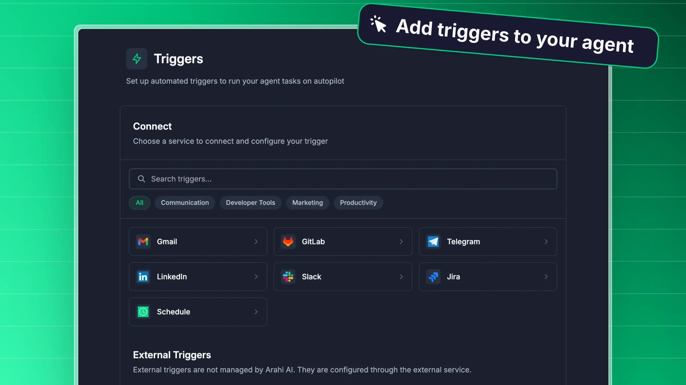 DeskFerry triggers panel — scheduled and event-driven agent runs across web sources